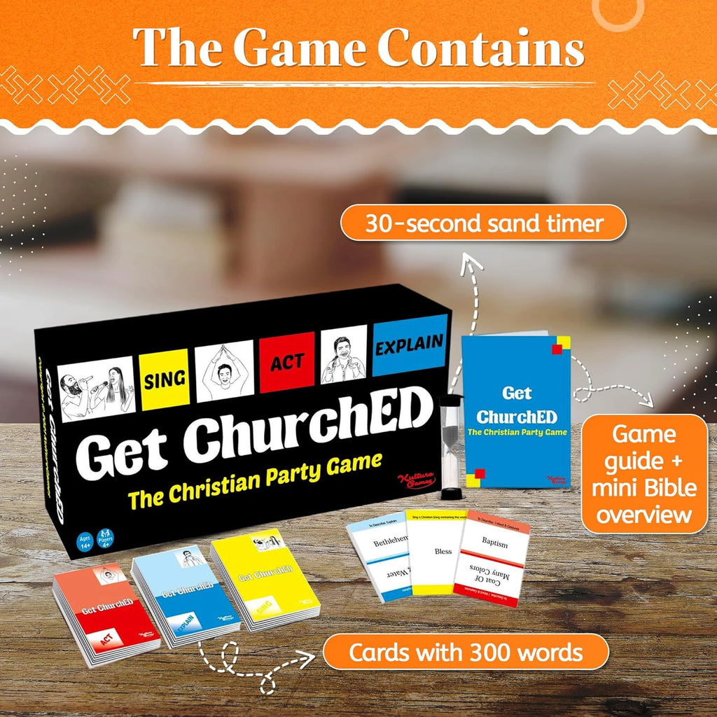 Get Churched | the Christian Party Game| Christian Gifts & Cards | Bible Trivia Game | Charades Games | Family & Youth Groups | Bible Quiz (Sing, Act/Charades, Explain)