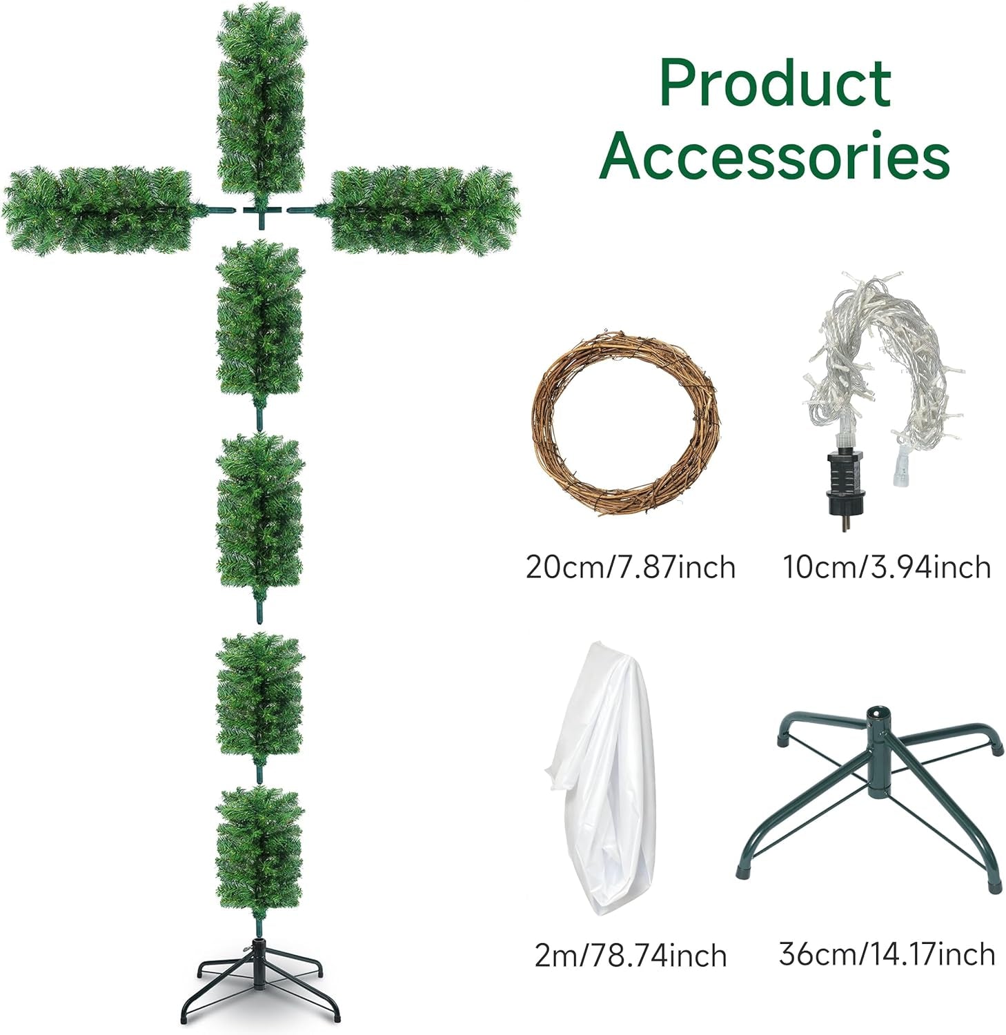6Ft Skinny Cross Christmas Tree with 33Ft Plug-In String Lights(100 Bulbs) & White Silk Scarf & Crown of Thorns, Jesus Christ Catholic Cross Decor, Xmas Holiday Home Indoor Outdoor Decorations