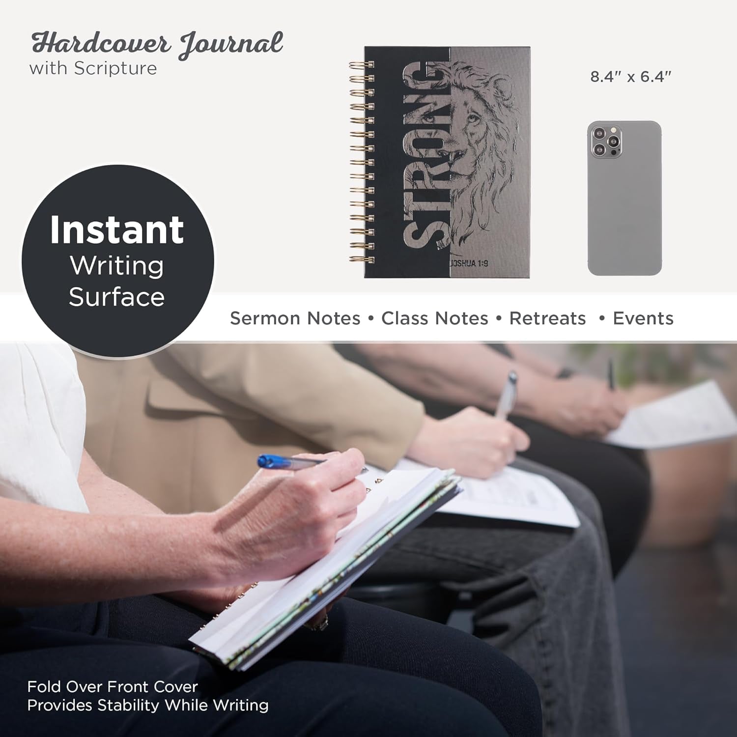 Christian Art Gifts Journal W/Scripture Strong Lion Joshua 1:9, Black and Gray 192 Ruled Pages, Large Hardcover Notebook, Wire Bound