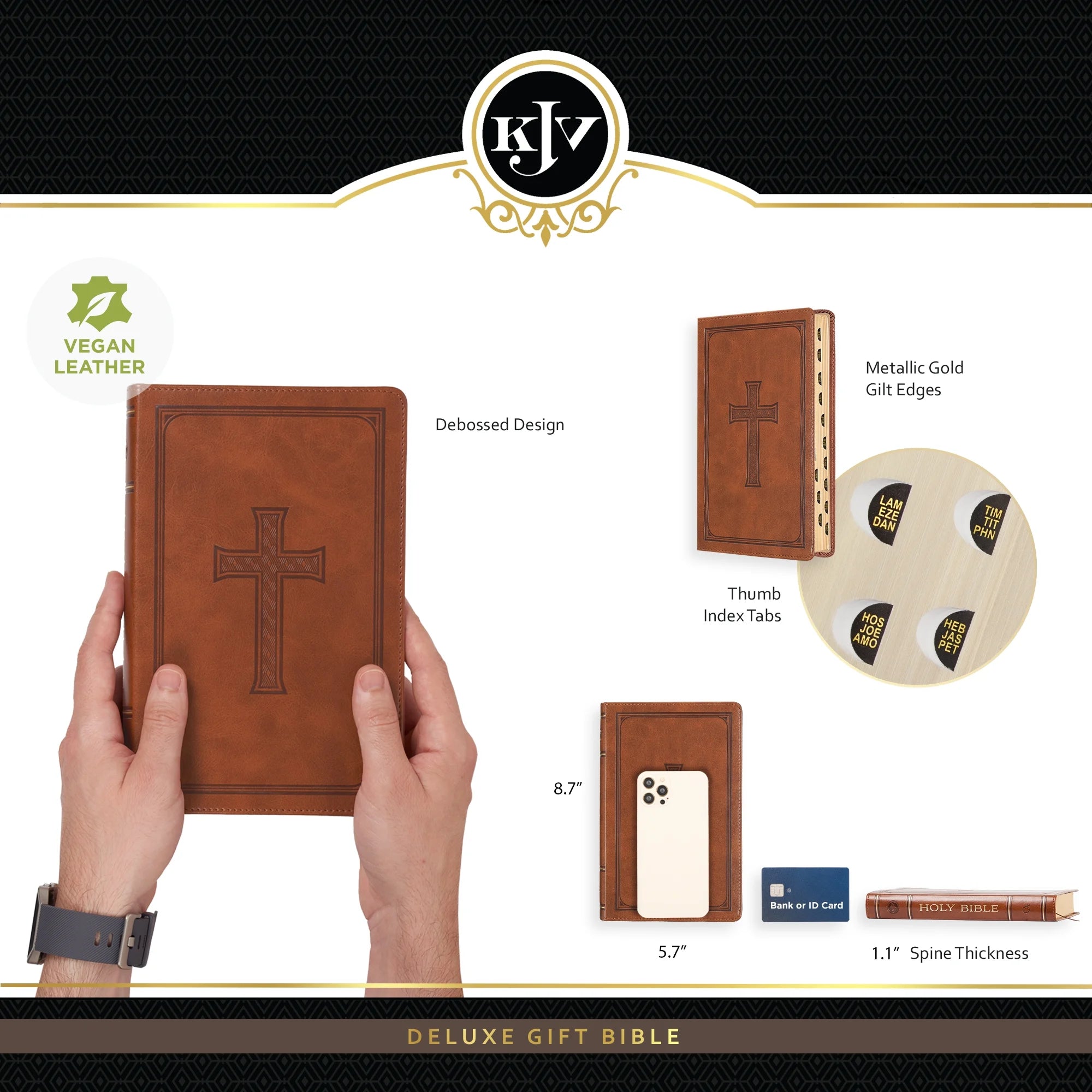 KJV Holy Bible, Standard Size Faux Leather Red Letter Edition Thumb Index, Ribbon Marker, King James Version, Honey Brown Cross Emblem