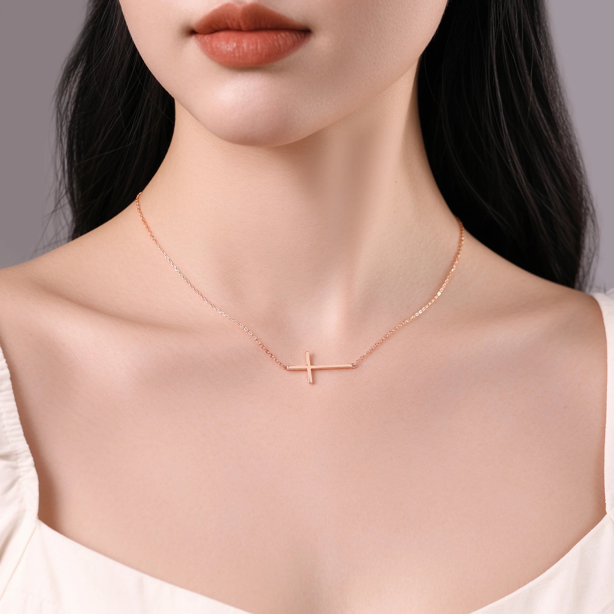 925 Sterling Silver Rose Gold-Tone Sideways Cross Pendant Necklace