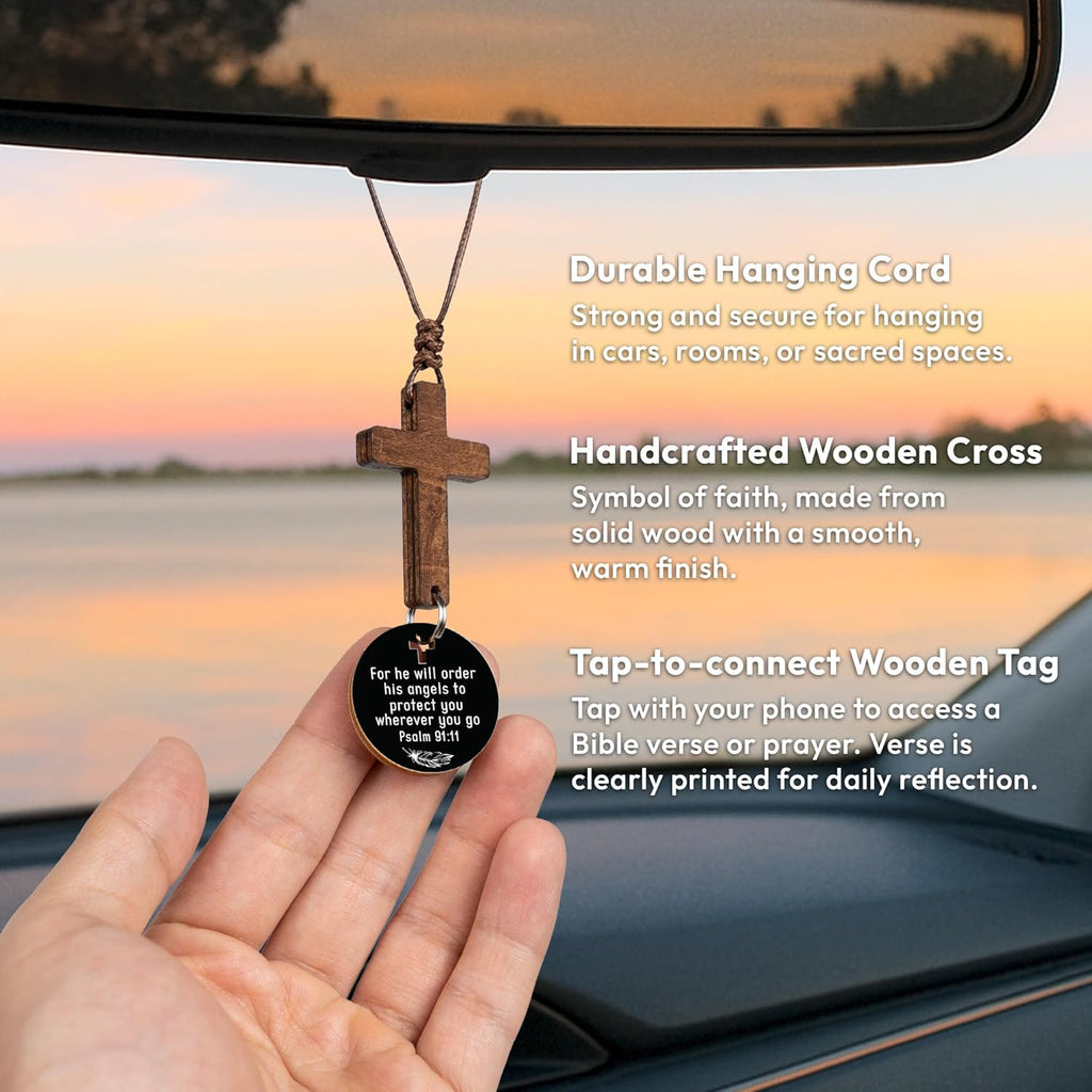 Cross for Car Mirror Hanging, Rear View Mirror Accessories - Scan Phone for Daily Bible Verse, Christian Car Accessories Charm, Christian, Easter, Religious Gifts for Men, Women