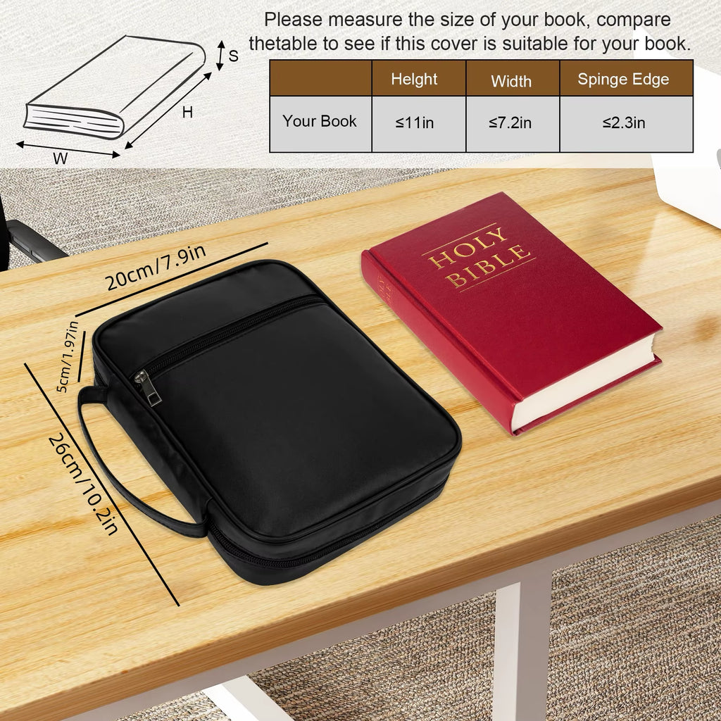 Black Leather Bible Cover with Handle & Zipper Pocket Large Capacity Christian Book Bag Organizer Church Travel Gift