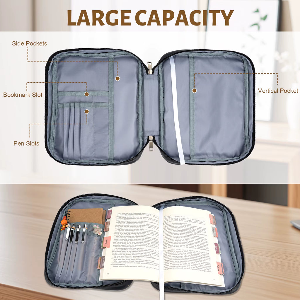 Black Leather Bible Cover with Handle & Zipper Pocket Large Capacity Christian Book Bag Organizer Church Travel Gift