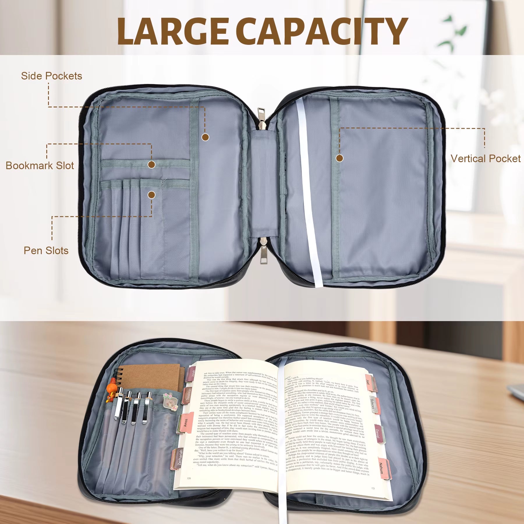 Black Leather Bible Cover with Handle & Zipper Pocket Large Capacity Christian Book Bag Organizer Church Travel Gift