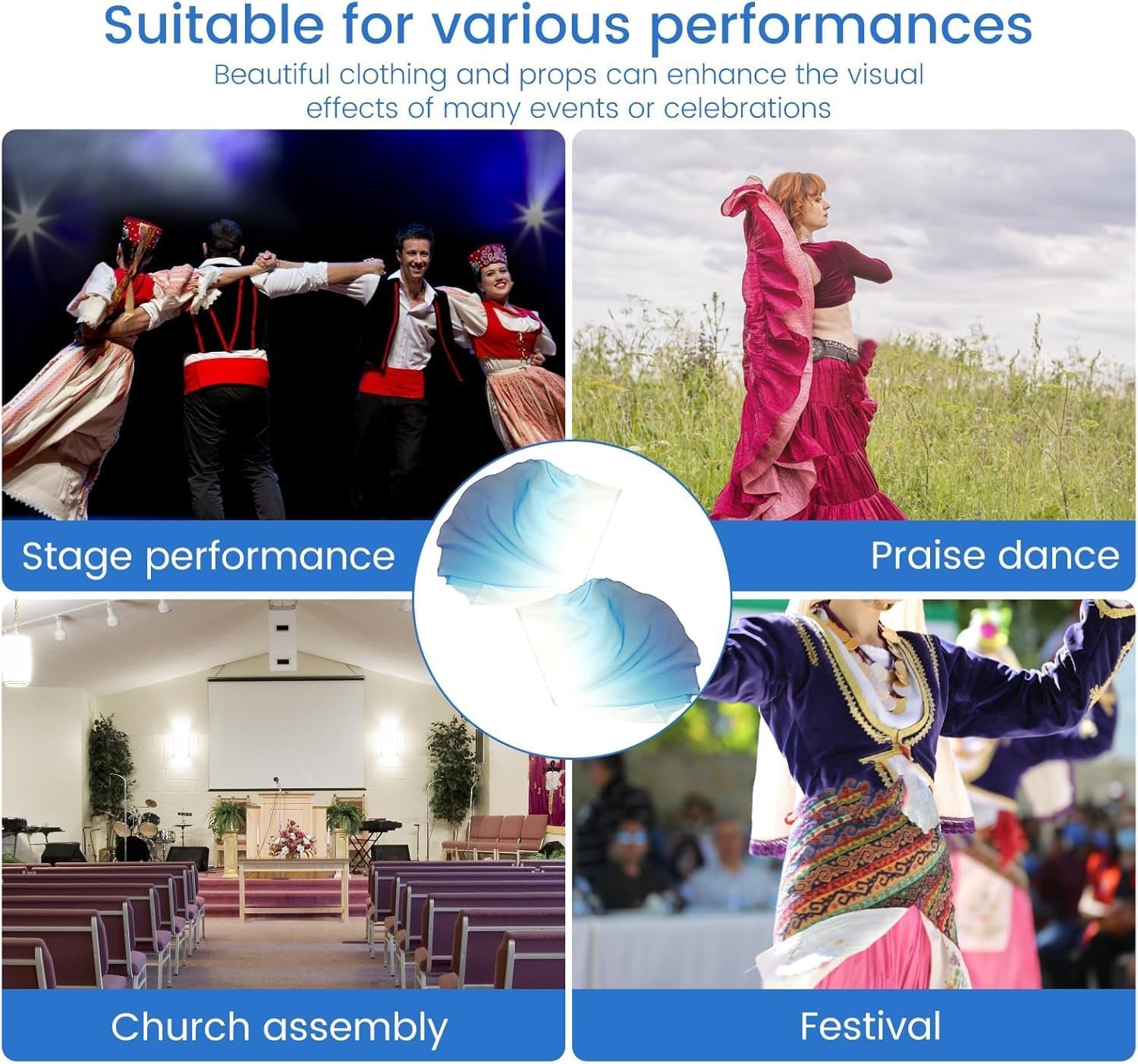 2Pcs Dance Worship Flag with Telescopic Pole Soft Elegant Charming Praise Dance Flag 1.4×1.9M Portable Praise Dance Worship Flags for Church Dance Banner Practice Performance（White and Blue）