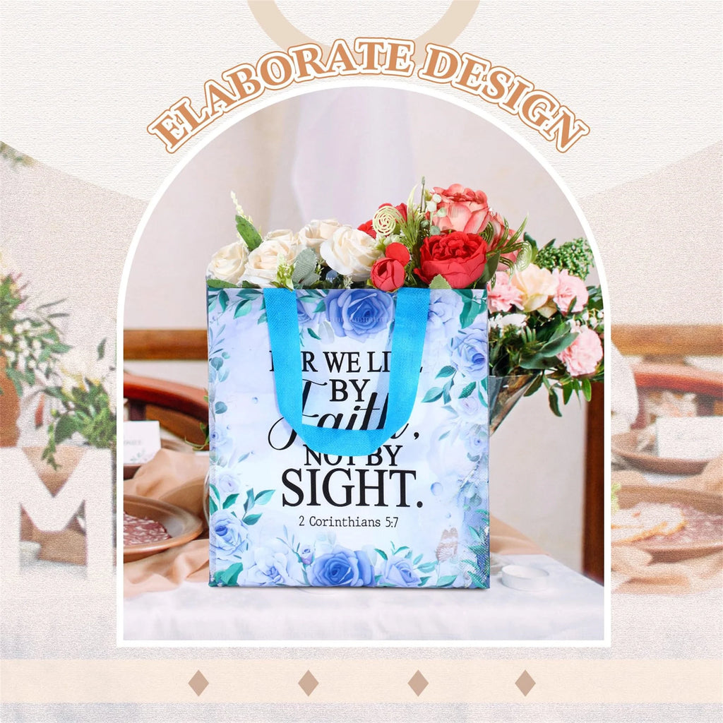 32 Pcs Bible Verse Flower Gift Bag with Handles Religious Reusable Gift Bags Bulk Christian Baptism Tote Bags Non Woven Gift Bags for Women Wedding Birthday Gift Wrapping Bags