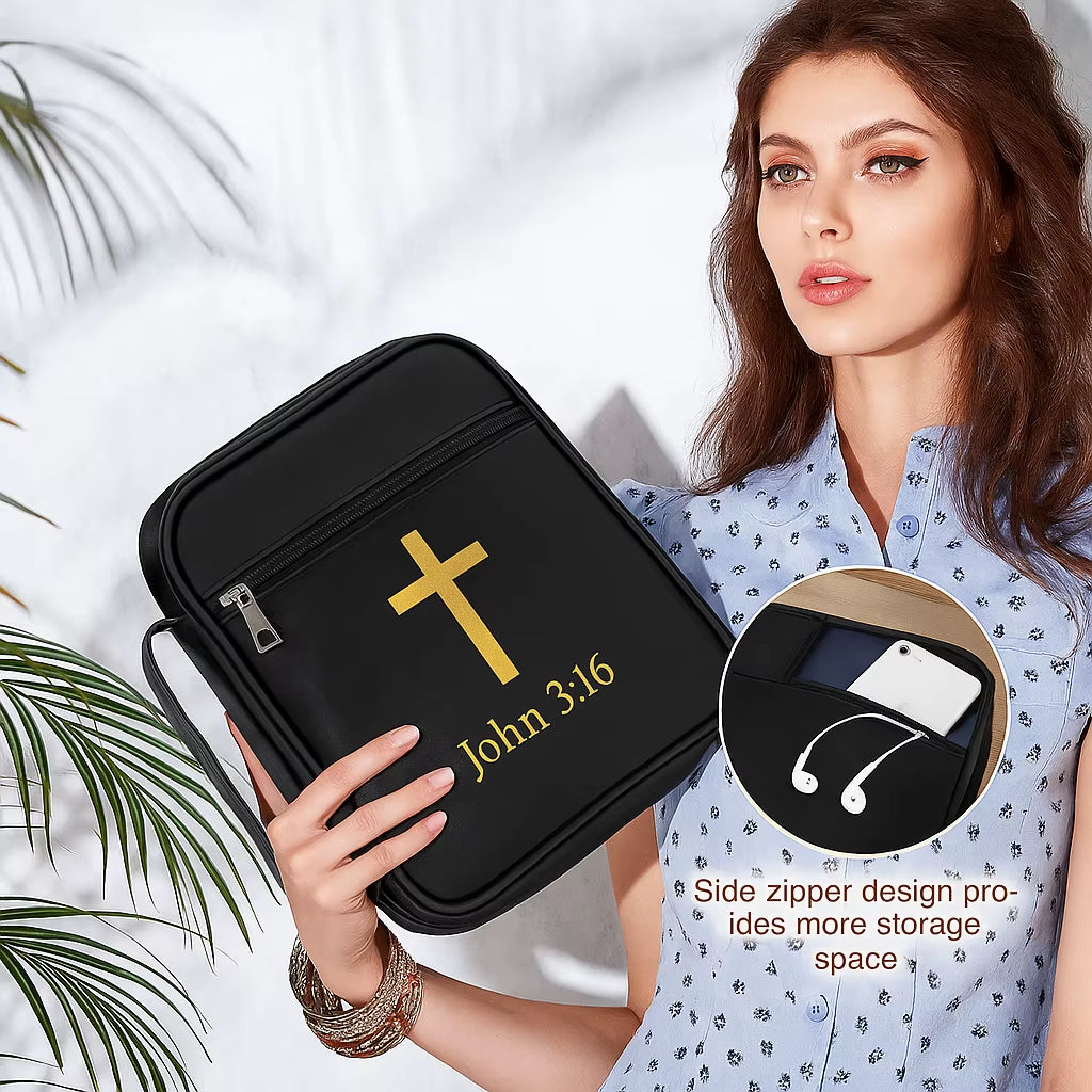 Black Leather Bible Cover with Handle & Zipper Pocket Large Capacity Christian Book Bag Organizer Church Travel Gift