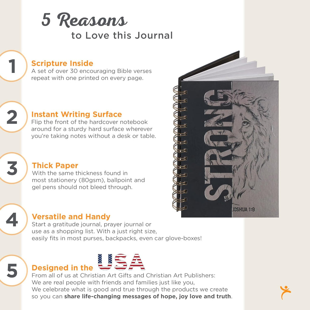 Christian Art Gifts Journal W/Scripture Strong Lion Joshua 1:9, Black and Gray 192 Ruled Pages, Large Hardcover Notebook, Wire Bound