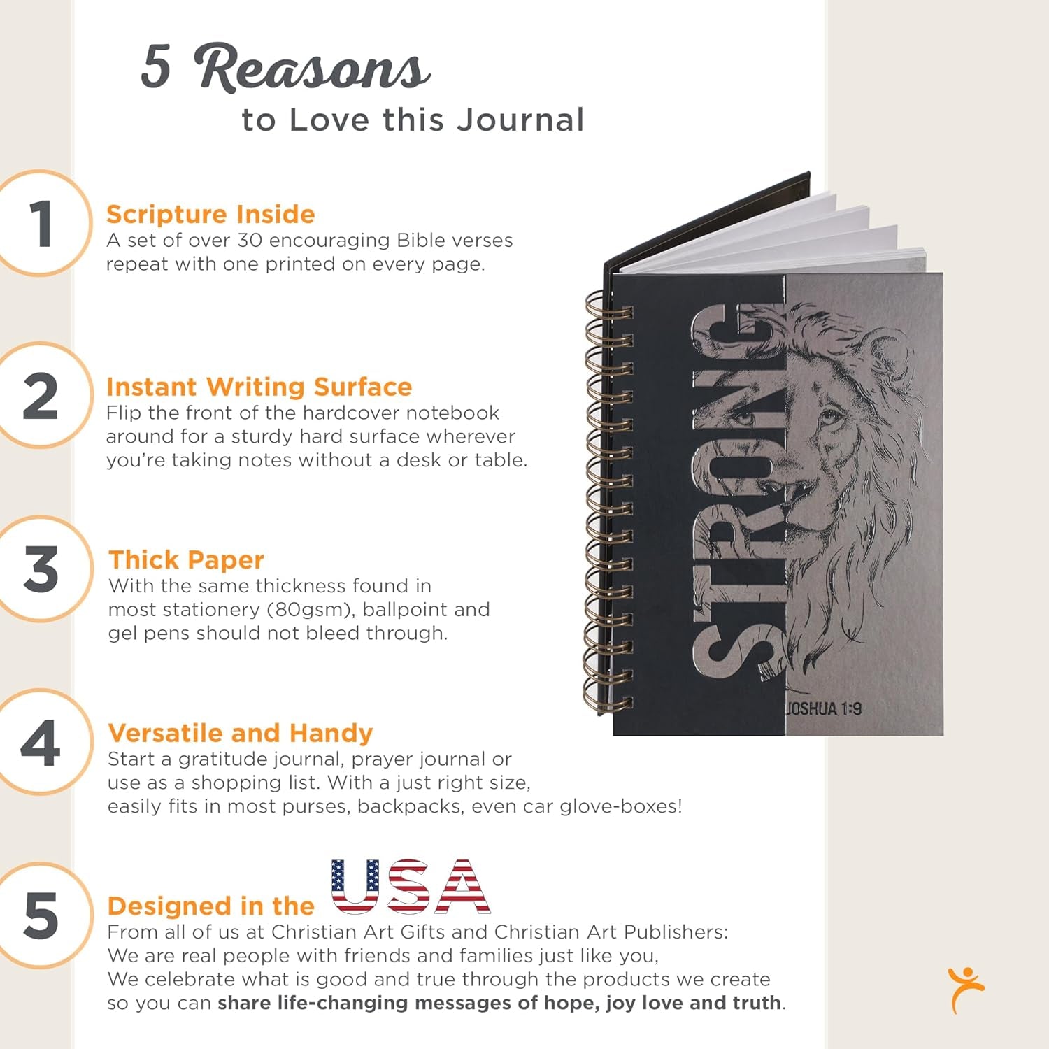Christian Art Gifts Journal W/Scripture Strong Lion Joshua 1:9, Black and Gray 192 Ruled Pages, Large Hardcover Notebook, Wire Bound