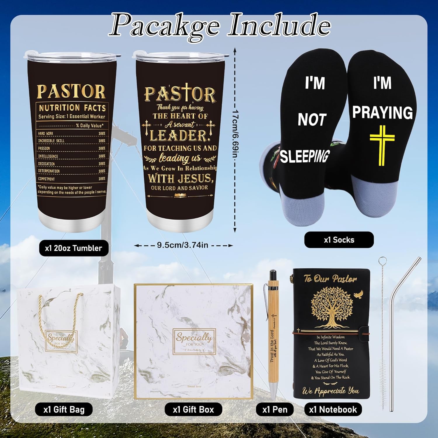 Pastors Appreciation Gifts - 4Pcs Pastors Gifts for Men, 20Oz Tumbler Notebook Pen Socks, Fathers Day Christmas Retirement Easter Anniversary Church Present for Clergy Ordination Priest