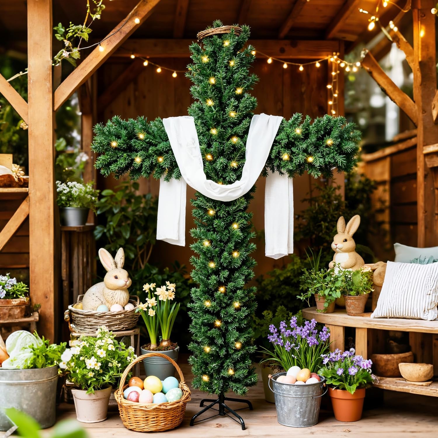 6Ft Skinny Cross Christmas Tree with 33Ft Plug-In String Lights(100 Bulbs) & White Silk Scarf & Crown of Thorns, Jesus Christ Catholic Cross Decor, Xmas Holiday Home Indoor Outdoor Decorations