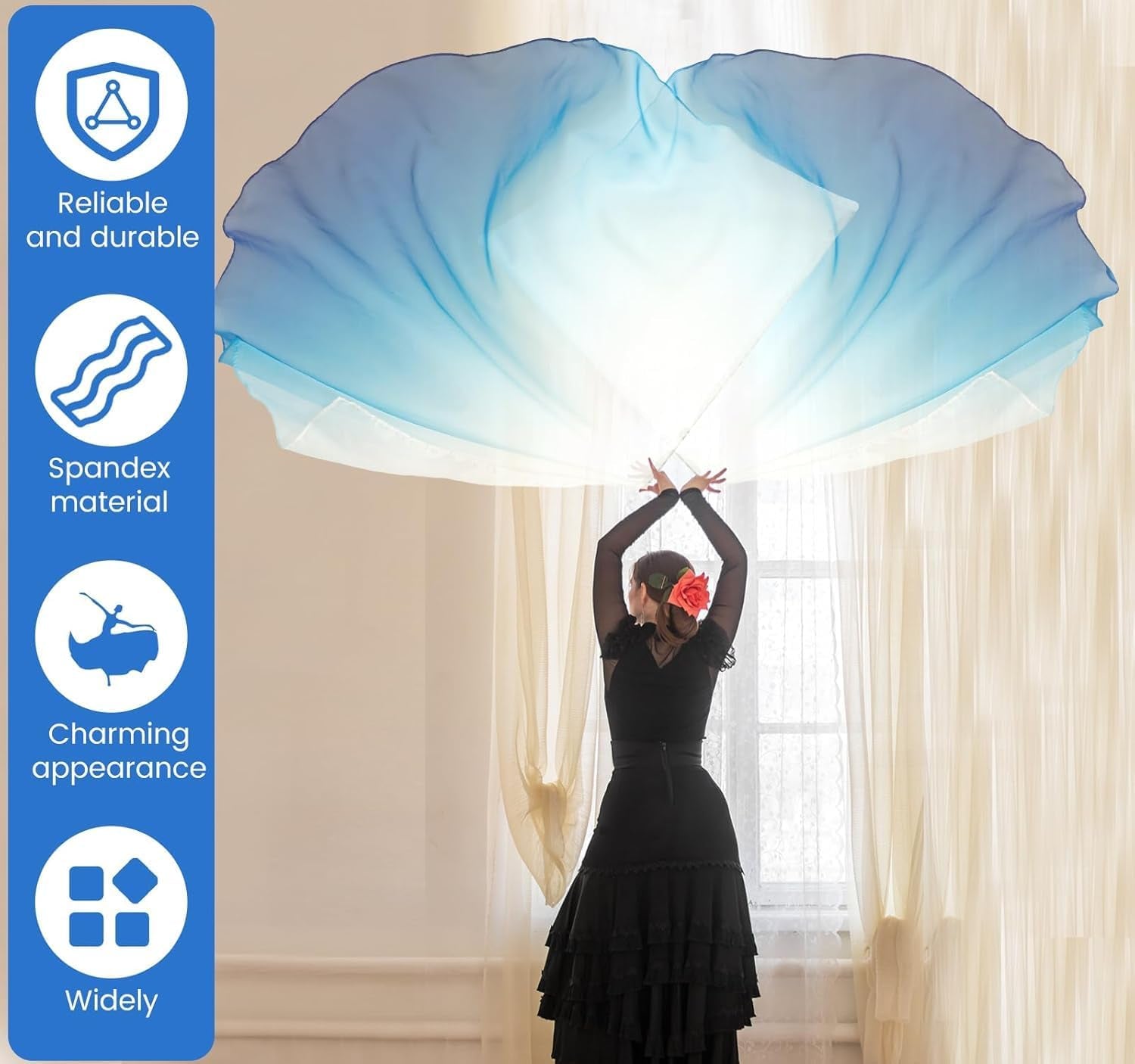 2Pcs Dance Worship Flag with Telescopic Pole Soft Elegant Charming Praise Dance Flag 1.4×1.9M Portable Praise Dance Worship Flags for Church Dance Banner Practice Performance（White and Blue）