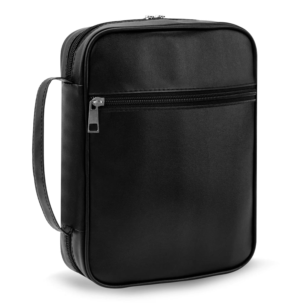 Black Leather Bible Cover with Handle & Zipper Pocket Large Capacity Christian Book Bag Organizer Church Travel Gift