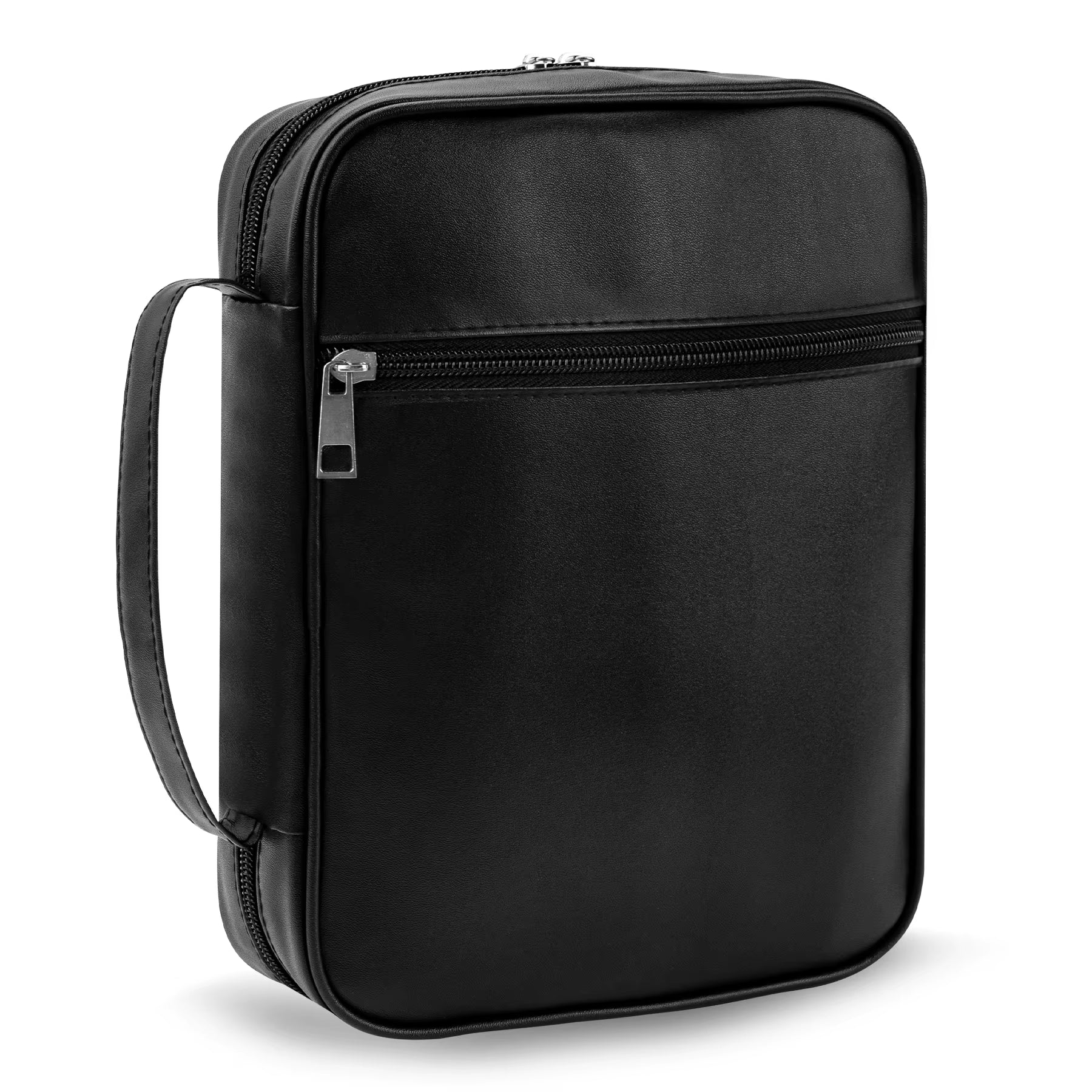 Black Leather Bible Cover with Handle & Zipper Pocket Large Capacity Christian Book Bag Organizer Church Travel Gift