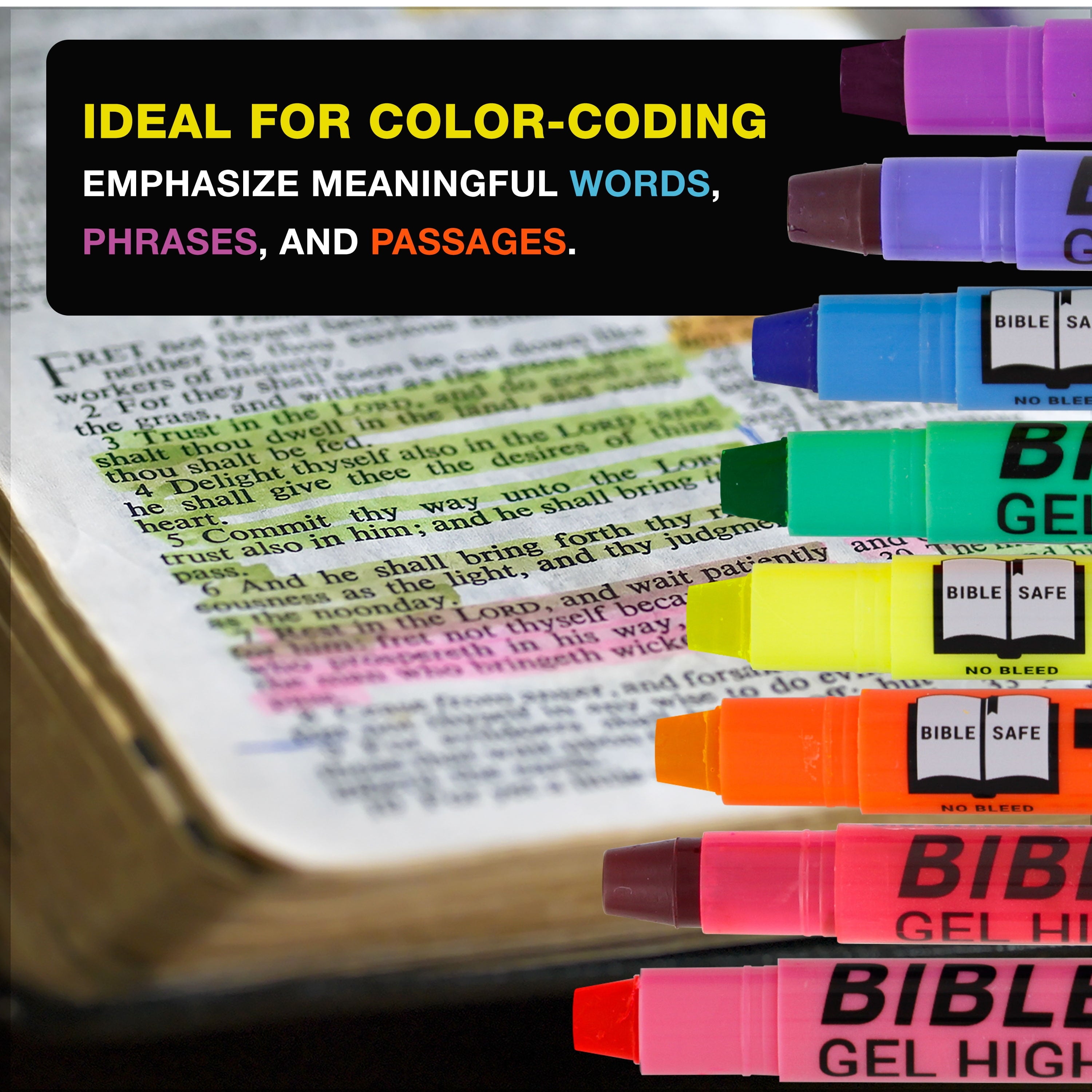 Bible Safe Gel Highlighters, Pack of 16 - 2 Sets of 8 Bright Neon Fluorescent Highlight Colors Yellow, Orange, Pink, Purple, Green, Blue - Won'T Bleed, Fade or Smear - Study Guide