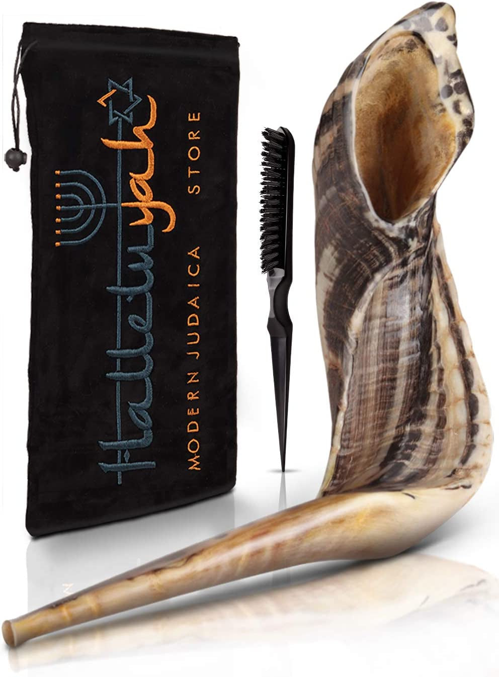 KOSHER ODORLESS Ram Horn Shofar - 14"-16", Smooth Mouthpiece, Velvet Bag, Clean Brush, Shofar Guide - Made in Israel