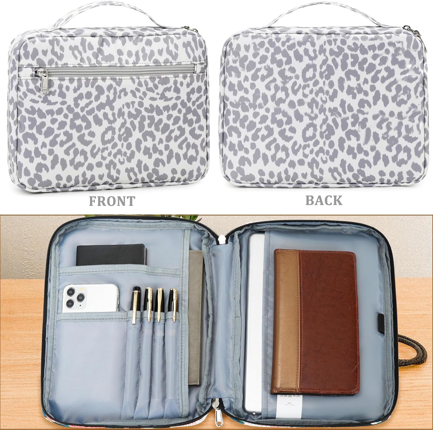 Bible Cover Case for Women, Leopard Bible Covers Bible Cases for Women with Handle and Zippered Pocket