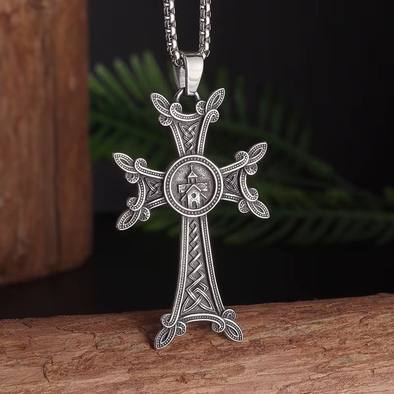 Stylish Valknut Celtic Cross Pendant Necklace Armenian Cross or Khachkar Cross Jewelry for Men