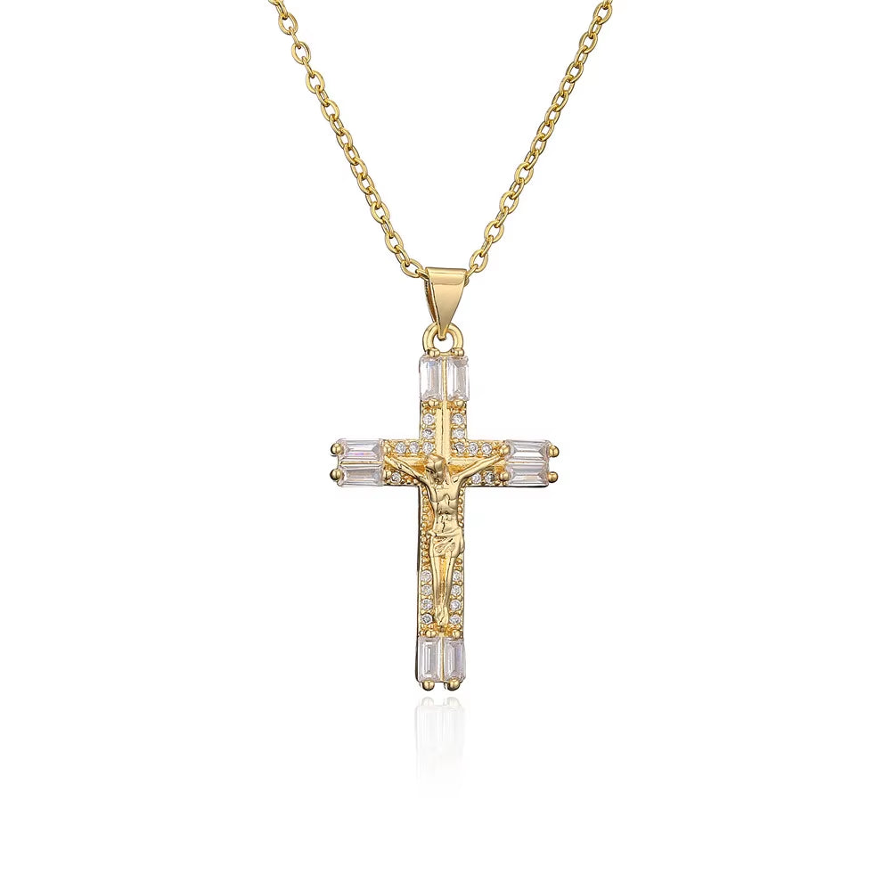 Gold Color Jesus Cross Pendant Stainless Steel Chain Necklace for Women Men Classic Design Christain Jewelry Gift