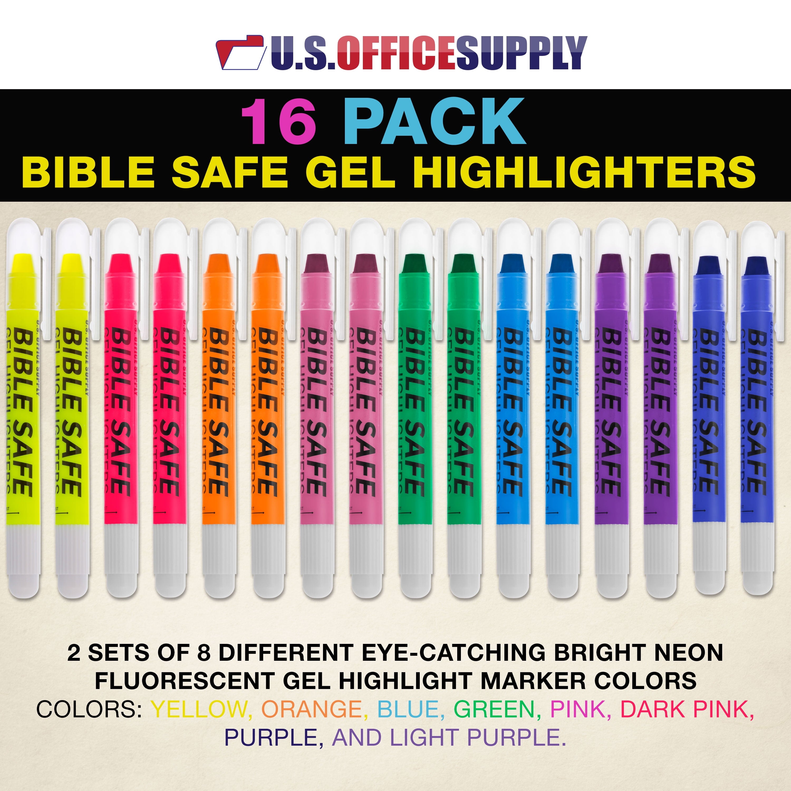 Bible Safe Gel Highlighters, Pack of 16 - 2 Sets of 8 Bright Neon Fluorescent Highlight Colors Yellow, Orange, Pink, Purple, Green, Blue - Won'T Bleed, Fade or Smear - Study Guide