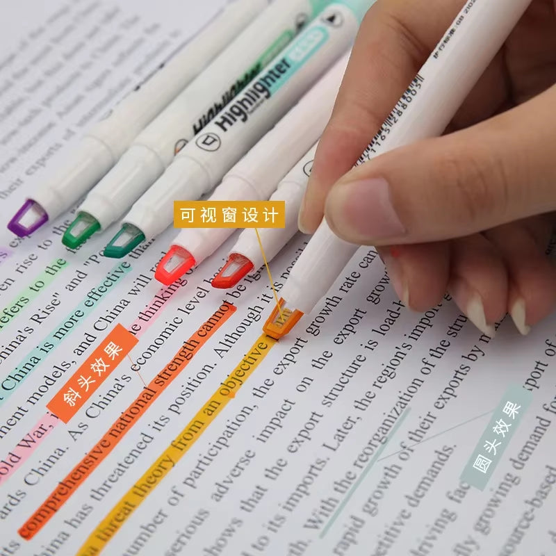 6 Colors/Set Unique Window Tip Highlighter Pen Double Head Pastel Color Midline Highlighters Marker School Stationery Supplies