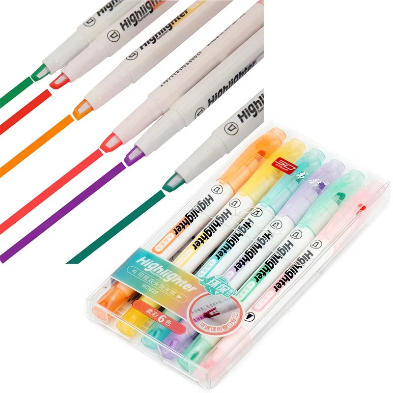 6 Colors/Set Unique Window Tip Highlighter Pen Double Head Pastel Color Midline Highlighters Marker School Stationery Supplies