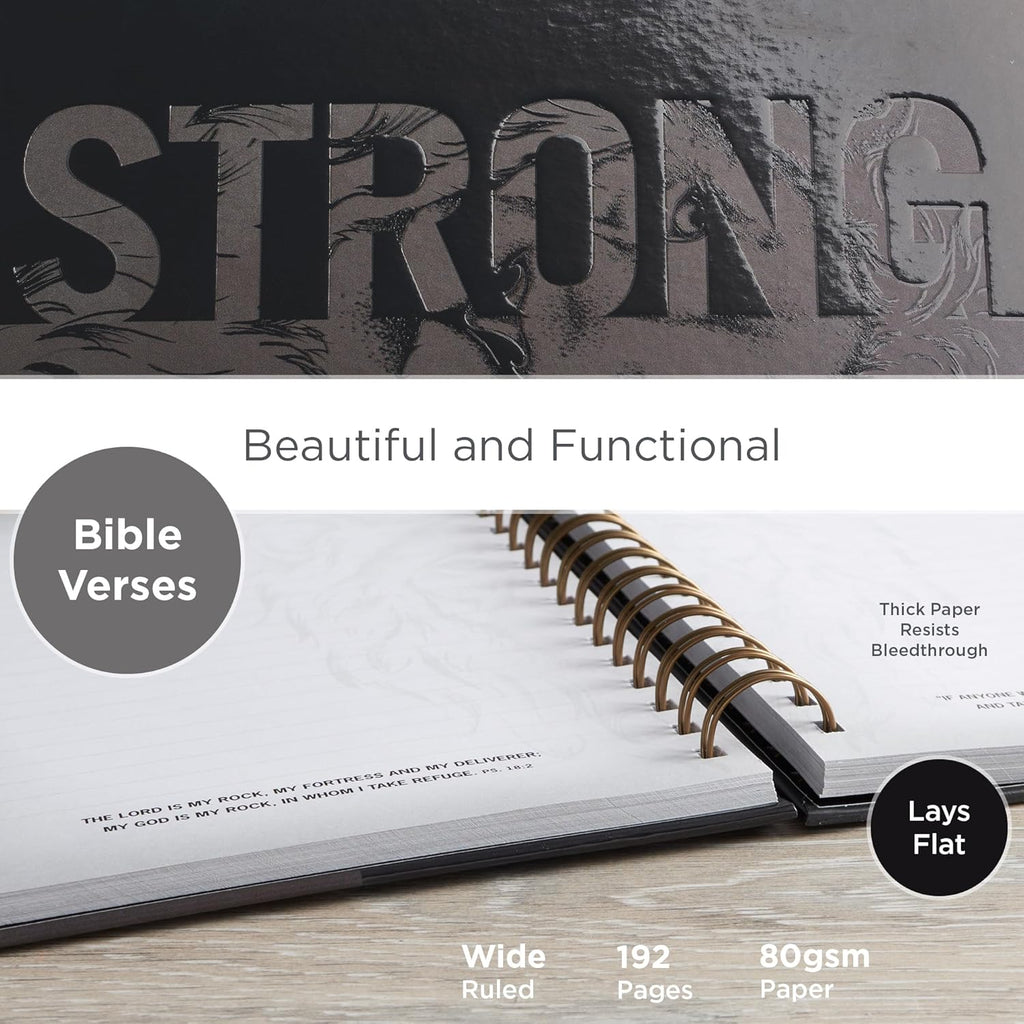 Christian Art Gifts Journal W/Scripture Strong Lion Joshua 1:9, Black and Gray 192 Ruled Pages, Large Hardcover Notebook, Wire Bound