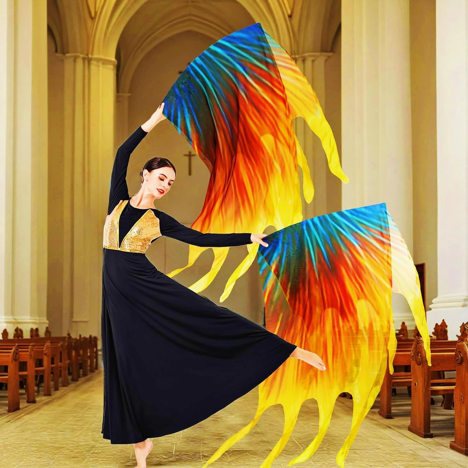 55'' Double Layered Worship Flags for Dance Church, Praise Dance Flags for Worship, Praise Flag with Flexible Rod and Storage Bag, Set of 2, Yellow-Orange-Blue