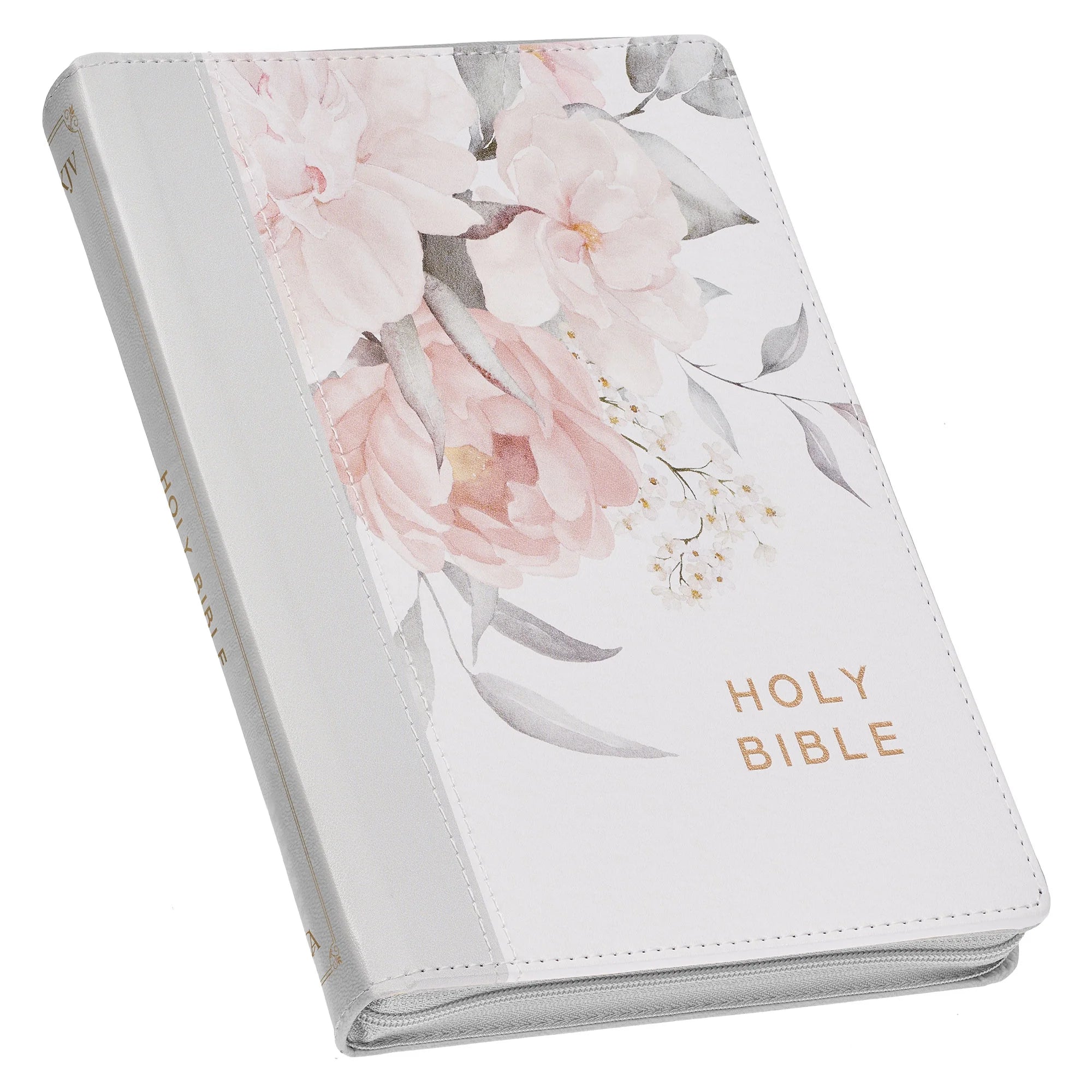 KJV Holy Bible, Deluxe Gift Bible with Thumb Tabs, Ribbon Marker, King James Version, Faux Leather, Frosty Gray and Pink Floral, Zipper Closure