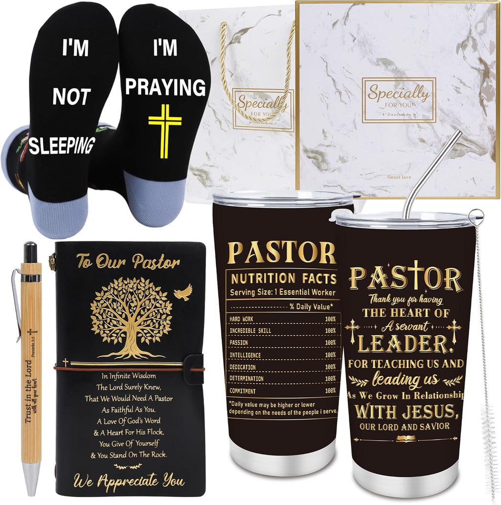 Pastors Appreciation Gifts - 4Pcs Pastors Gifts for Men, 20Oz Tumbler Notebook Pen Socks, Fathers Day Christmas Retirement Easter Anniversary Church Present for Clergy Ordination Priest