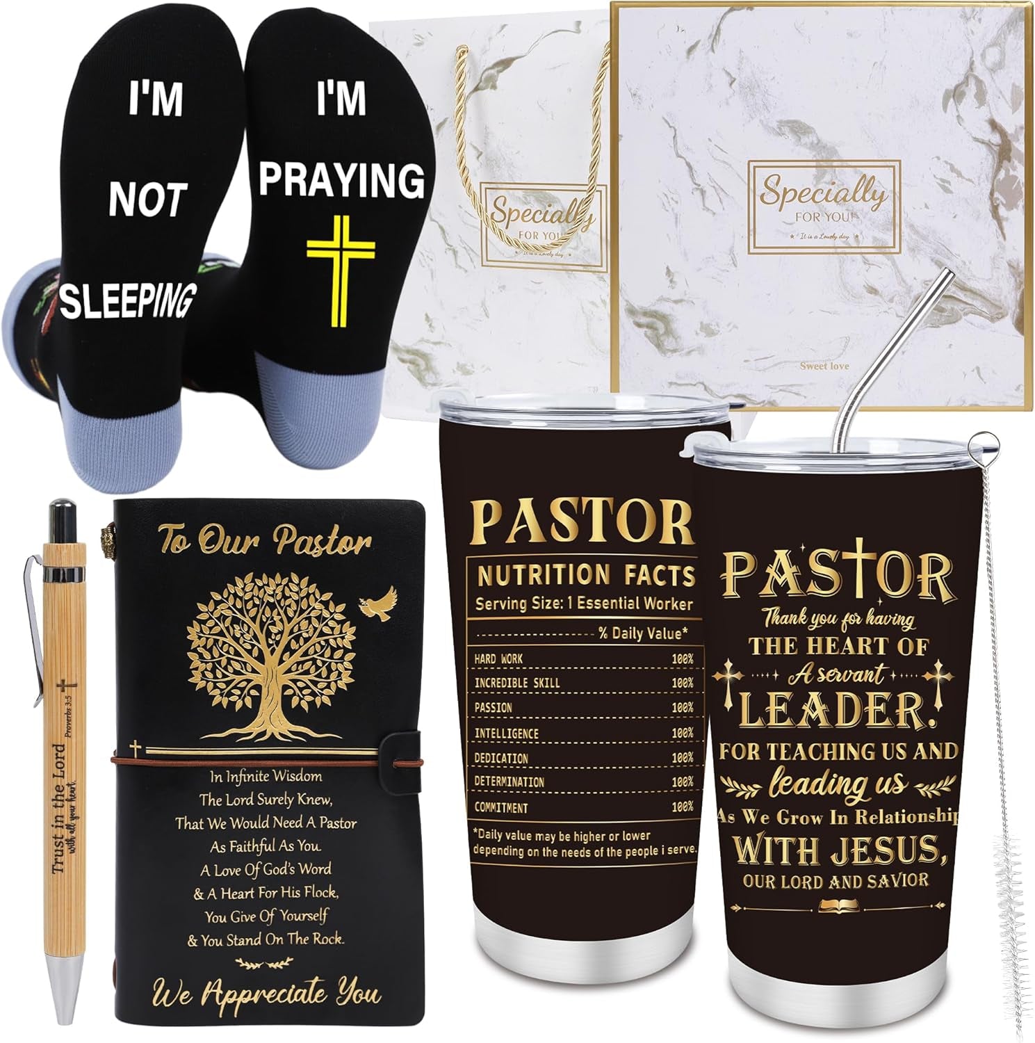 Pastors Appreciation Gifts - 4Pcs Pastors Gifts for Men, 20Oz Tumbler Notebook Pen Socks, Fathers Day Christmas Retirement Easter Anniversary Church Present for Clergy Ordination Priest