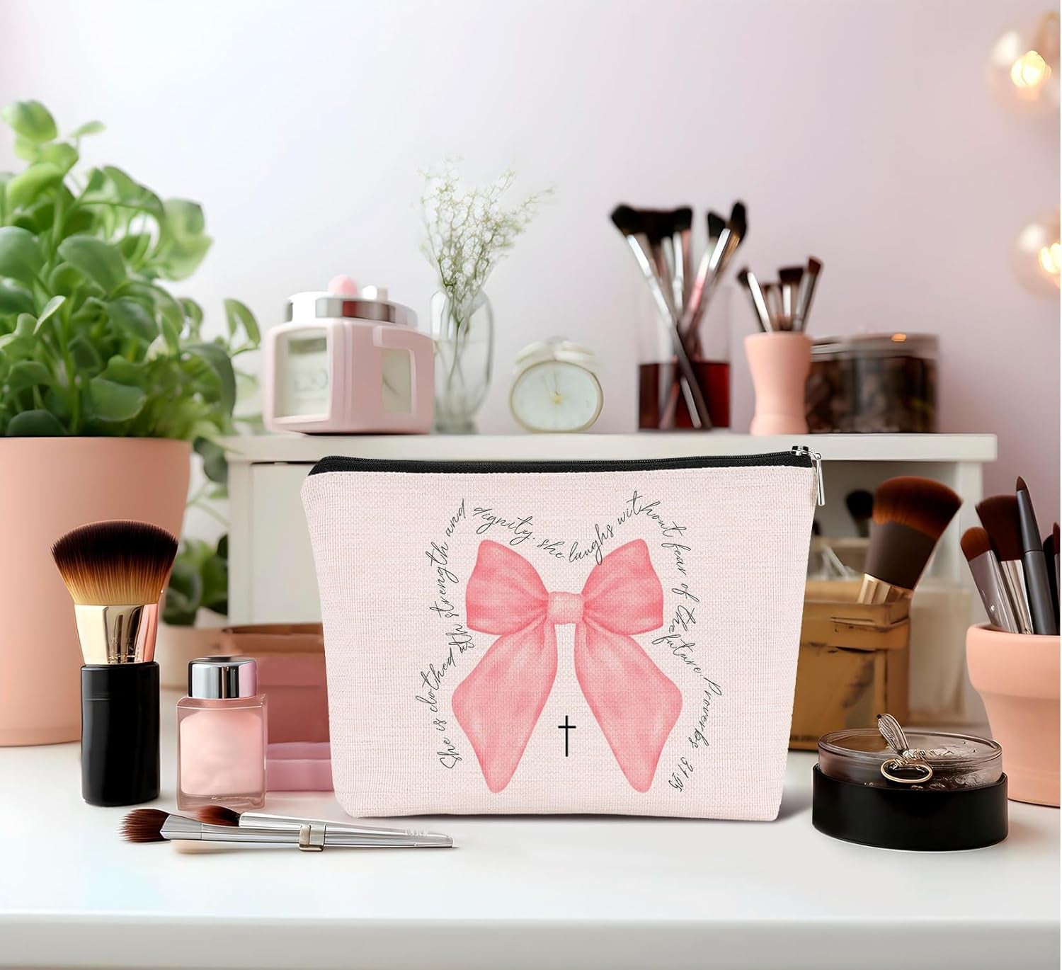Christian Pink Coquette Bow Cosmetic Makeup Bag,Inspirational Christian Gifts Bag Aesthetic Travel Toiletry Pouch Gift for Teen Girls Women,Birthday Christmas Gift for Bestie Daughter