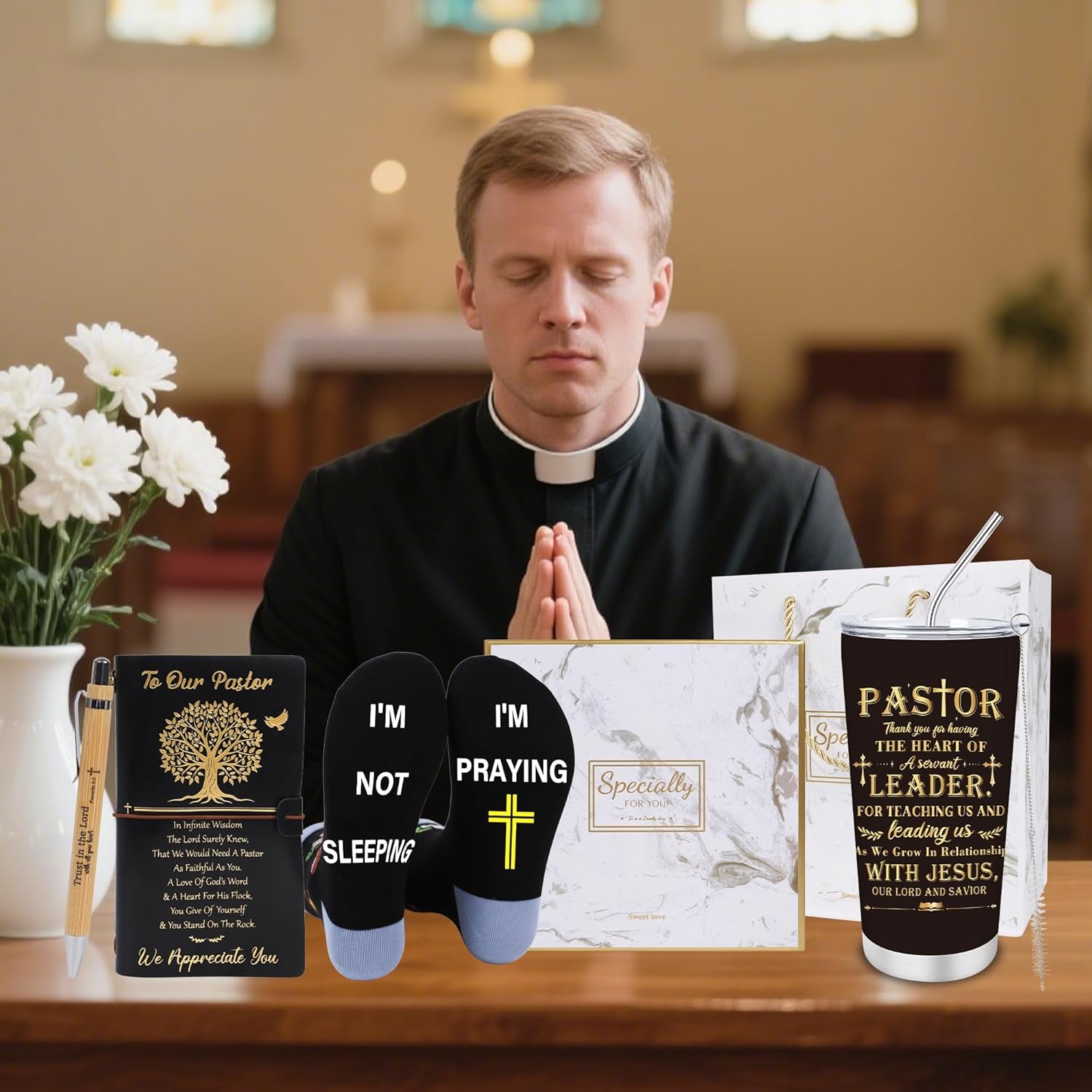 Pastors Appreciation Gifts - 4Pcs Pastors Gifts for Men, 20Oz Tumbler Notebook Pen Socks, Fathers Day Christmas Retirement Easter Anniversary Church Present for Clergy Ordination Priest