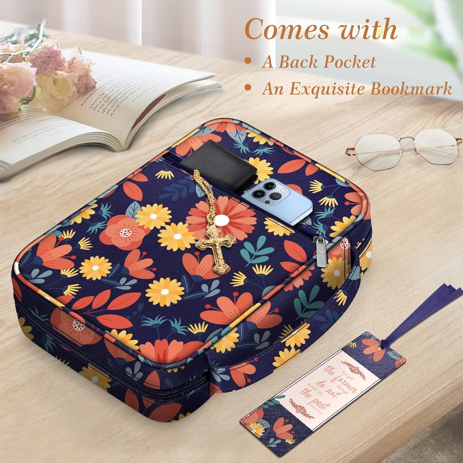 Floral Bible Cover W/A Bookmark,  Carrying Book Case Church Bag Bible Protective with Handle and Zippered Back Pocket, Perfect Gift for Adults Lady Women Mother, Colors of Autumn