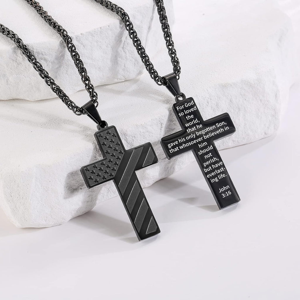 Easter Basket Stuffers-18+2 Inch Cross Necklace Bible Verse Stainless Steel American Flag Pendant Chain for Men Boys Cross Jewelry Gift