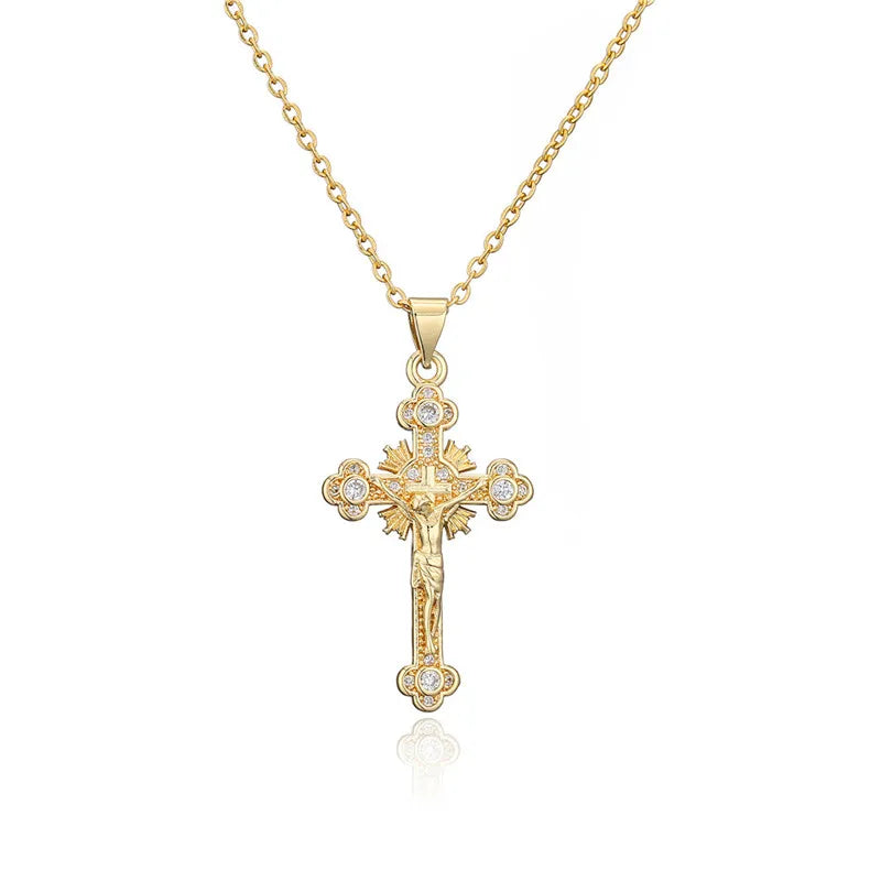 Gold Color Jesus Cross Pendant Stainless Steel Chain Necklace for Women Men Classic Design Christain Jewelry Gift