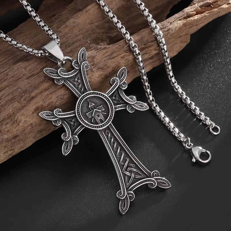 Stylish Valknut Celtic Cross Pendant Necklace Armenian Cross or Khachkar Cross Jewelry for Men