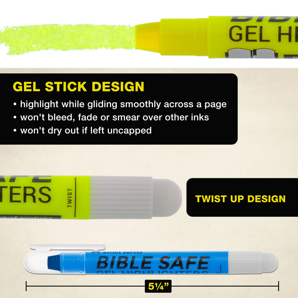 Bible Safe Gel Highlighters, Pack of 16 - 2 Sets of 8 Bright Neon Fluorescent Highlight Colors Yellow, Orange, Pink, Purple, Green, Blue - Won'T Bleed, Fade or Smear - Study Guide