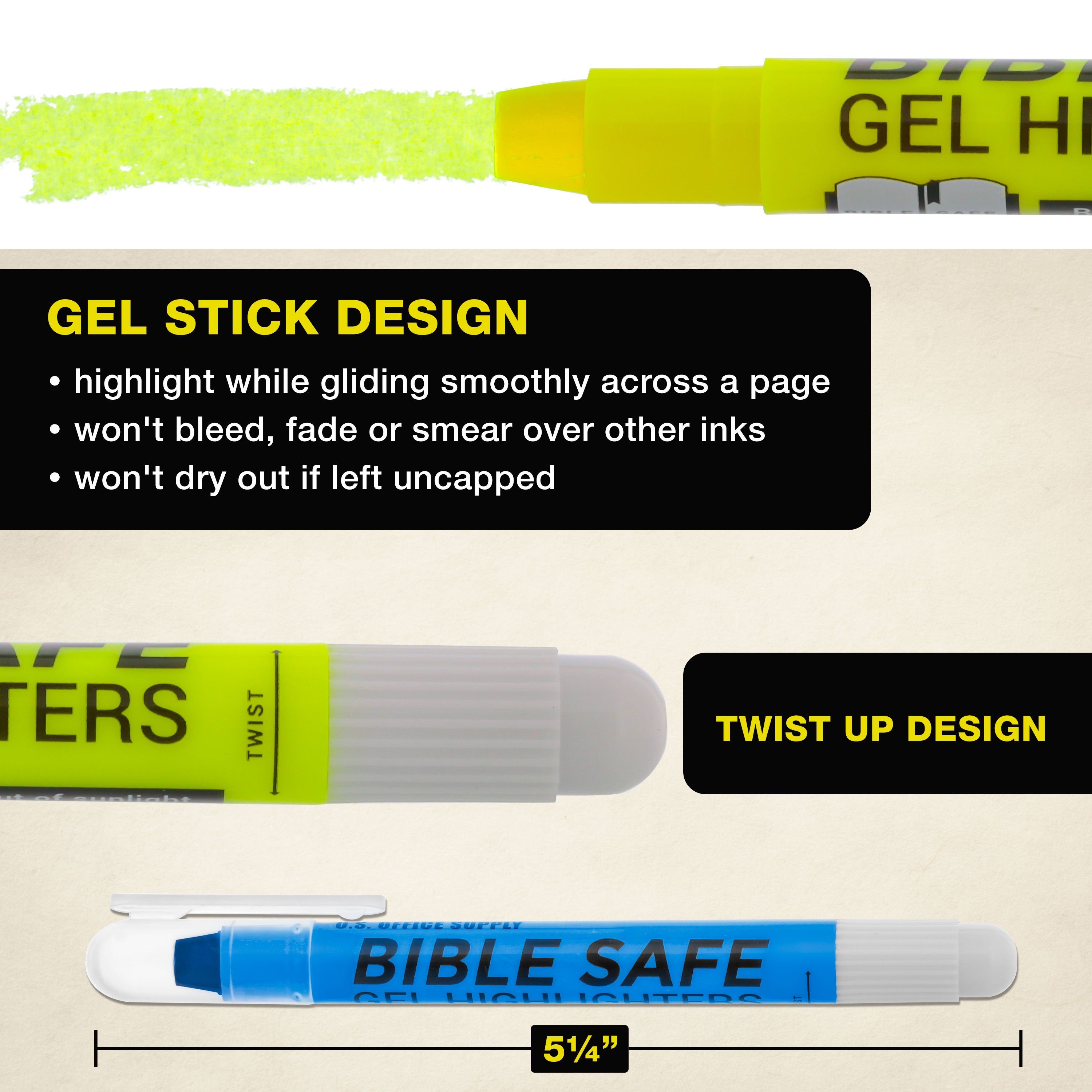 Bible Safe Gel Highlighters, Pack of 16 - 2 Sets of 8 Bright Neon Fluorescent Highlight Colors Yellow, Orange, Pink, Purple, Green, Blue - Won'T Bleed, Fade or Smear - Study Guide