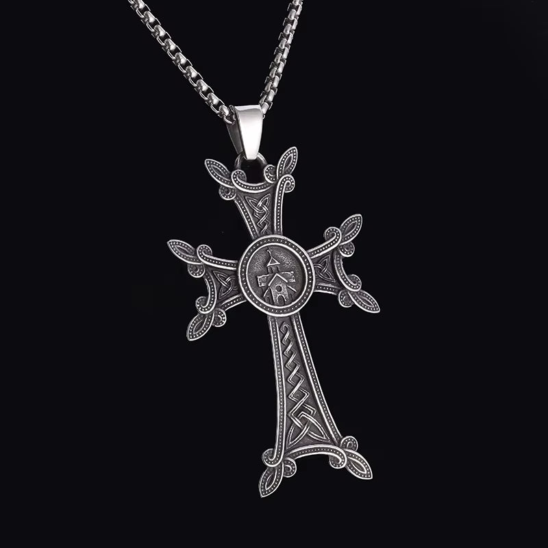 Stylish Valknut Celtic Cross Pendant Necklace Armenian Cross or Khachkar Cross Jewelry for Men