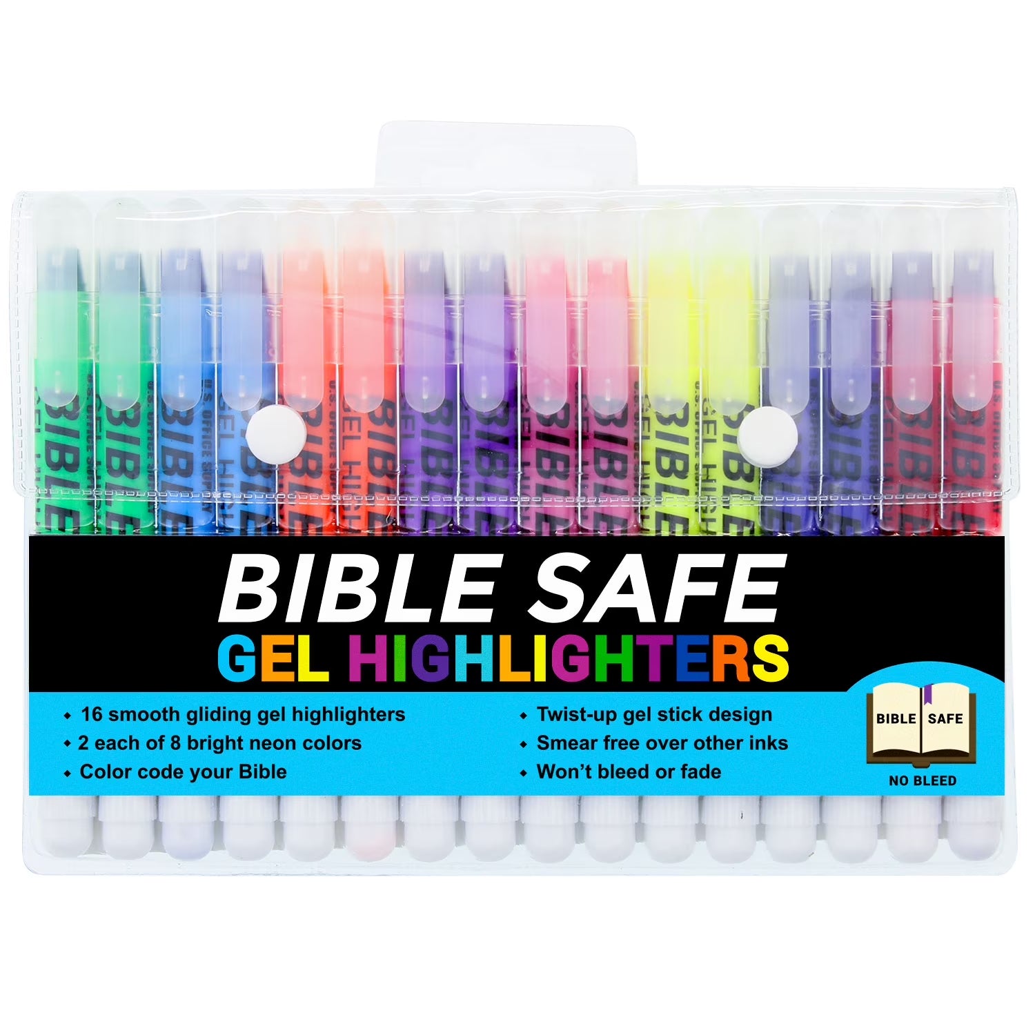 Bible Safe Gel Highlighters, Pack of 16 - 2 Sets of 8 Bright Neon Fluorescent Highlight Colors Yellow, Orange, Pink, Purple, Green, Blue - Won'T Bleed, Fade or Smear - Study Guide