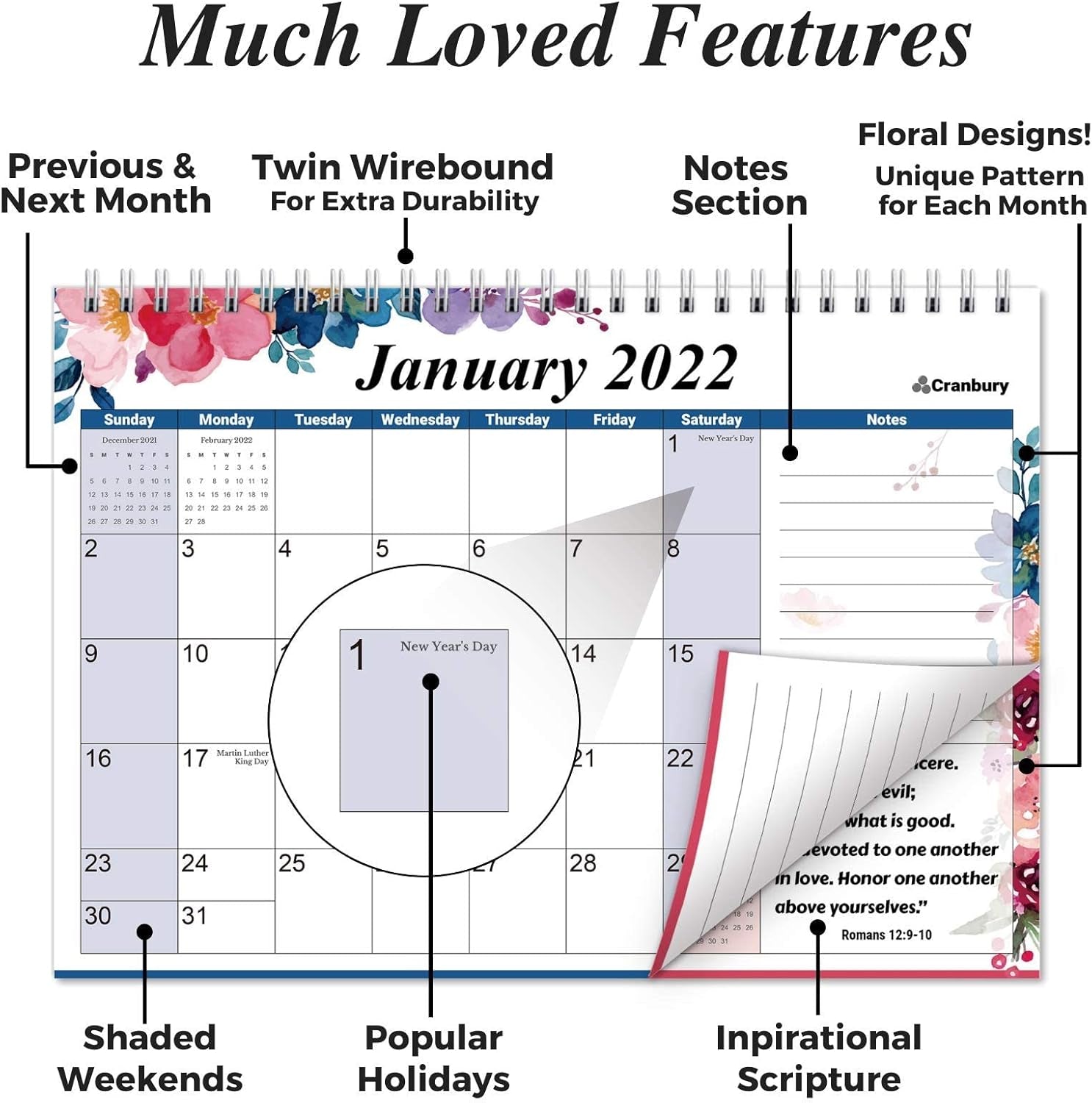 Standing Desk Calendar 2021-2022 - (Bible Calendar), Use Bible Verse Calendar from July 2021 to December 2022, Inspirational Desk Calendar 2022, Floral Designs, Christian Calendar 2021-2022
