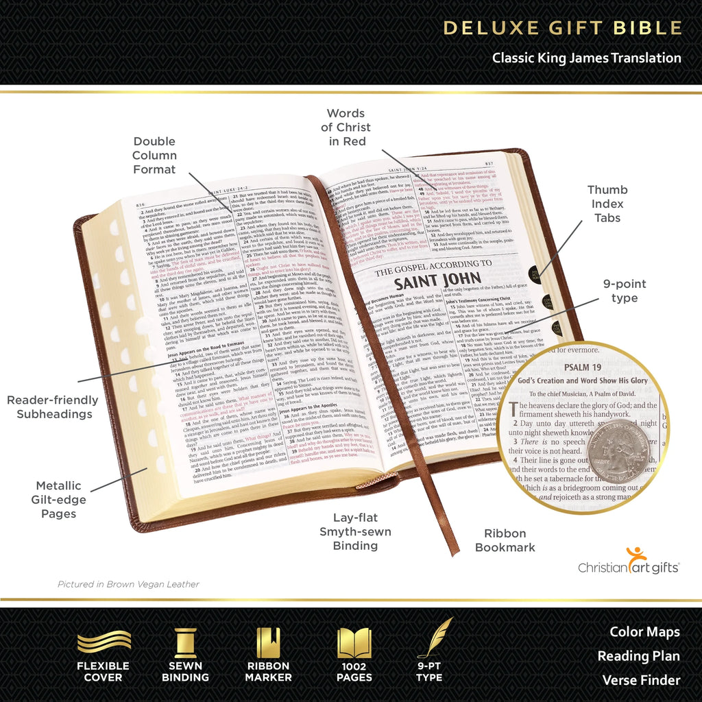 KJV Holy Bible, Standard Size Faux Leather Red Letter Edition Thumb Index, Ribbon Marker, King James Version, Honey Brown Cross Emblem