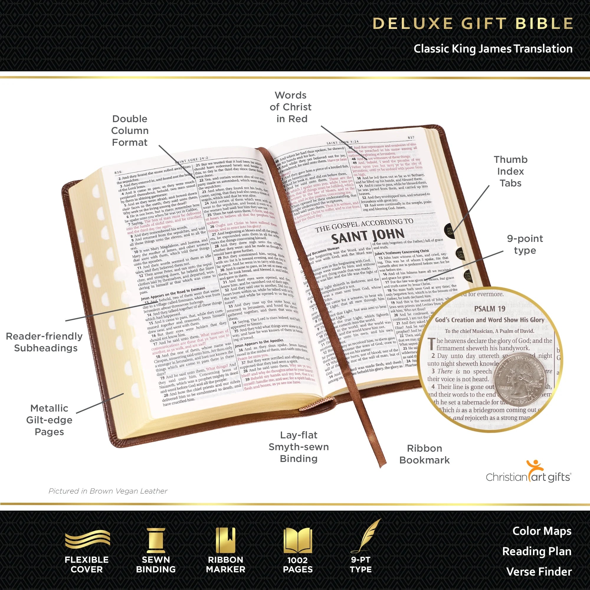 KJV Holy Bible, Standard Size Faux Leather Red Letter Edition Thumb Index, Ribbon Marker, King James Version, Honey Brown Cross Emblem