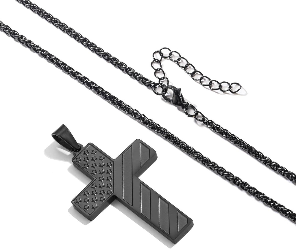 Easter Basket Stuffers-18+2 Inch Cross Necklace Bible Verse Stainless Steel American Flag Pendant Chain for Men Boys Cross Jewelry Gift
