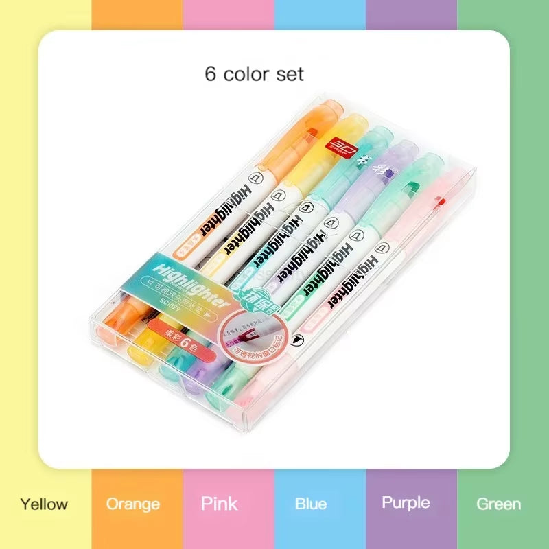 6 Colors/Set Unique Window Tip Highlighter Pen Double Head Pastel Color Midline Highlighters Marker School Stationery Supplies
