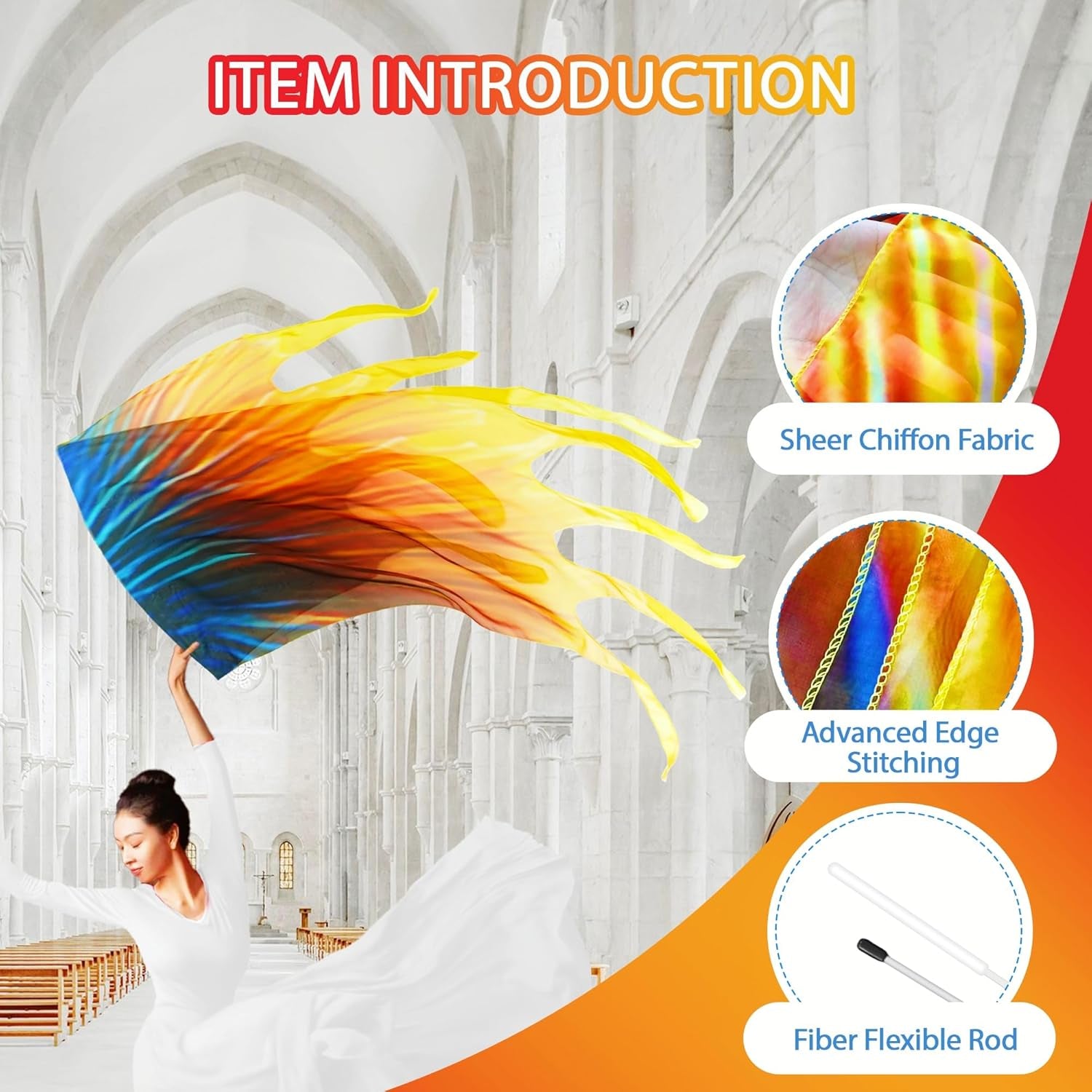 55'' Double Layered Worship Flags for Dance Church, Praise Dance Flags for Worship, Praise Flag with Flexible Rod and Storage Bag, Set of 2, Yellow-Orange-Blue