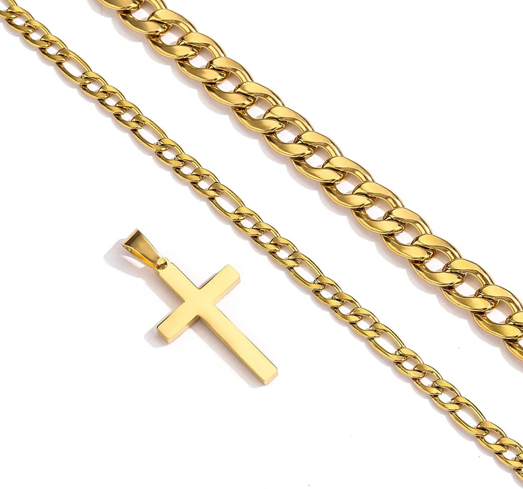 Layered Gold Cross Necklaces for Men Boys Stainless Steel Cuban Figaro Pendant Chain Set Religious Christian Birthday First Communion Easter Basket Stuffers Jewelry Gifts Him Teen Adults Kids