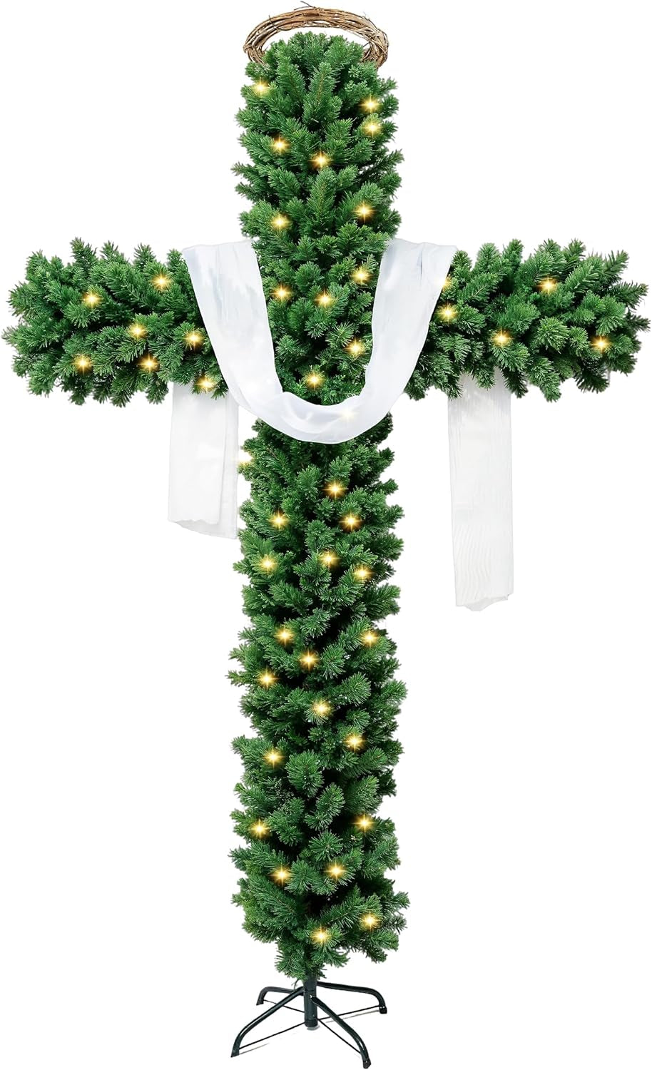 6Ft Skinny Cross Christmas Tree with 33Ft Plug-In String Lights(100 Bulbs) & White Silk Scarf & Crown of Thorns, Jesus Christ Catholic Cross Decor, Xmas Holiday Home Indoor Outdoor Decorations